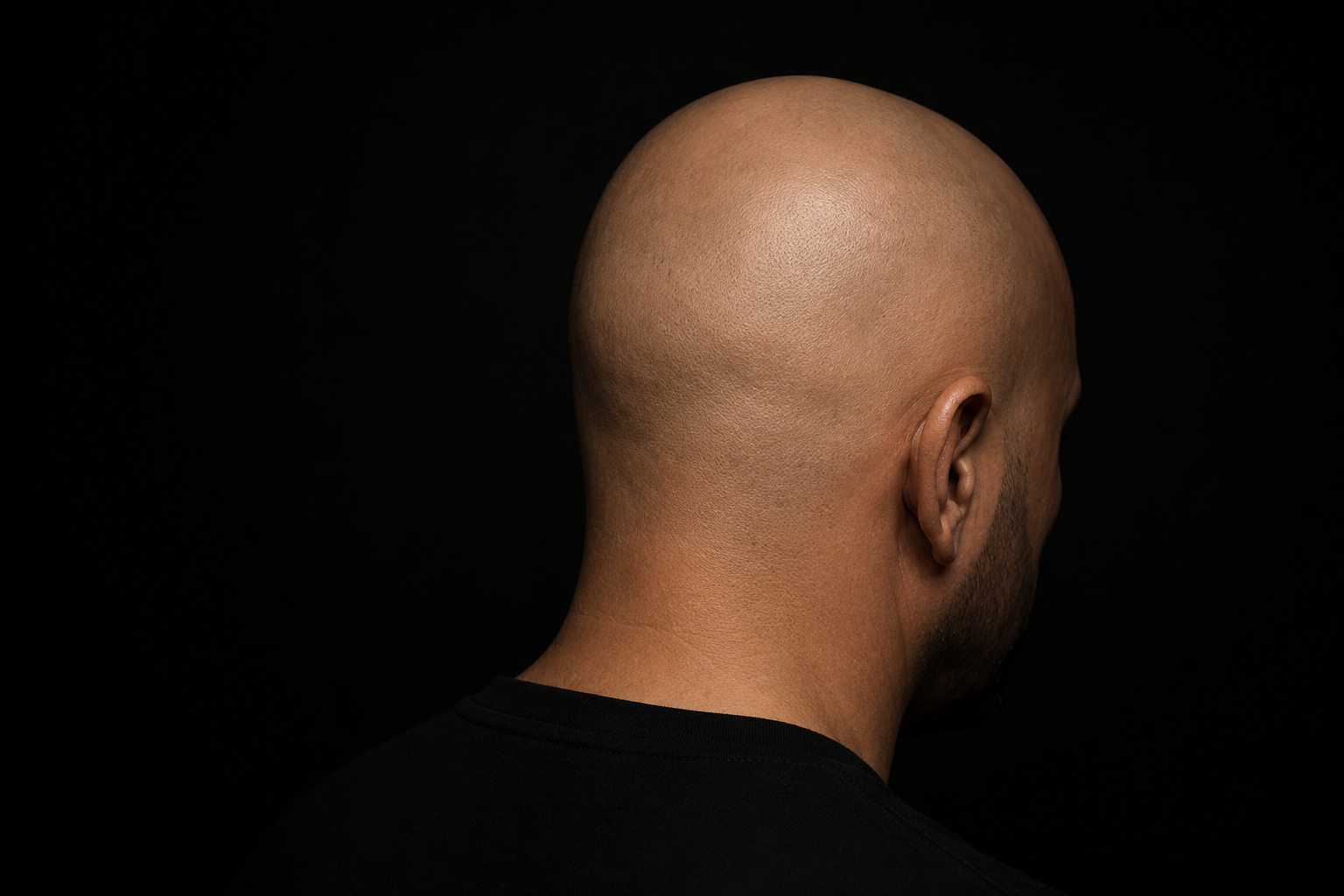 Nuca e cuoio capelluto completamente privi di capelli, luce editoriale su fondo nero