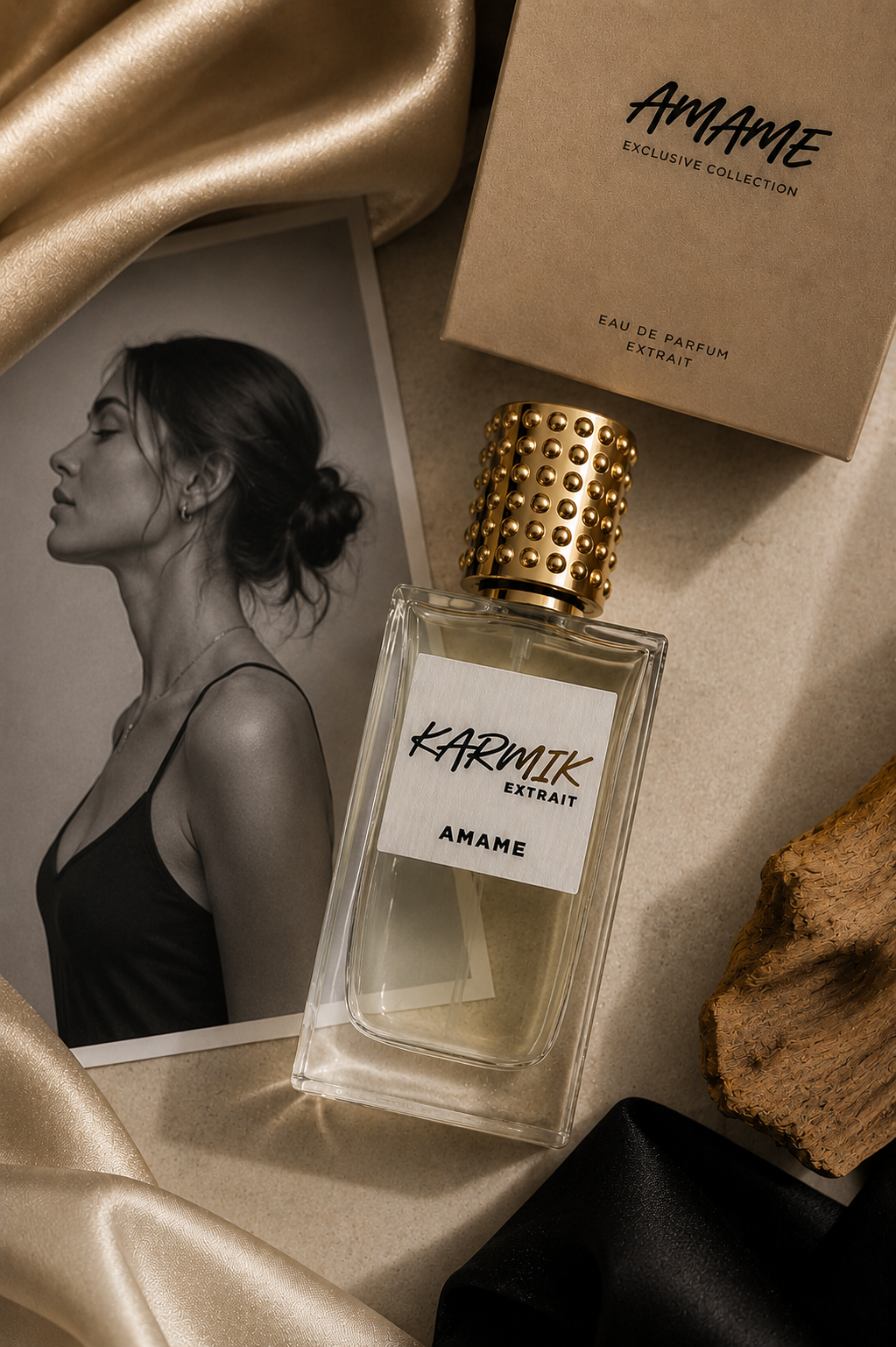 Flacone Karmik Extrait di AMAMe con tappo dorato borchiato, accanto alla scatola AMAMe Exclusive Collection su fondo avorio