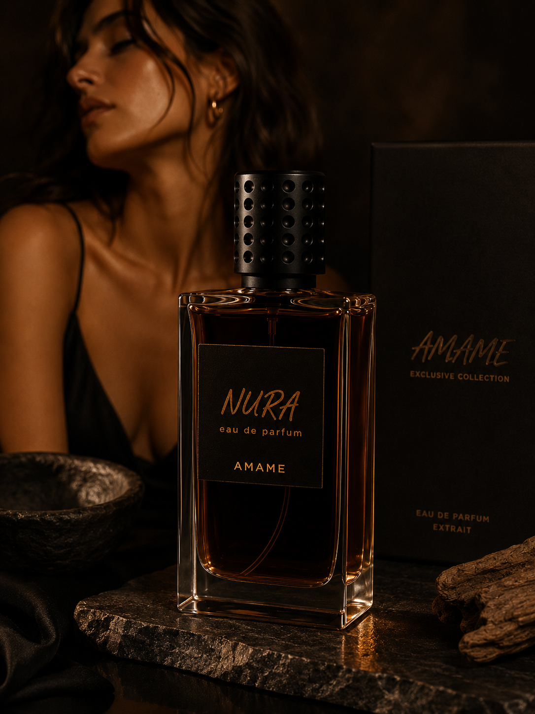 Flacone Nura Eau de Parfum di AMAMe con tappo nero borchiato su pietra scura, accanto alla scatola AMAMe Exclusive Collection
